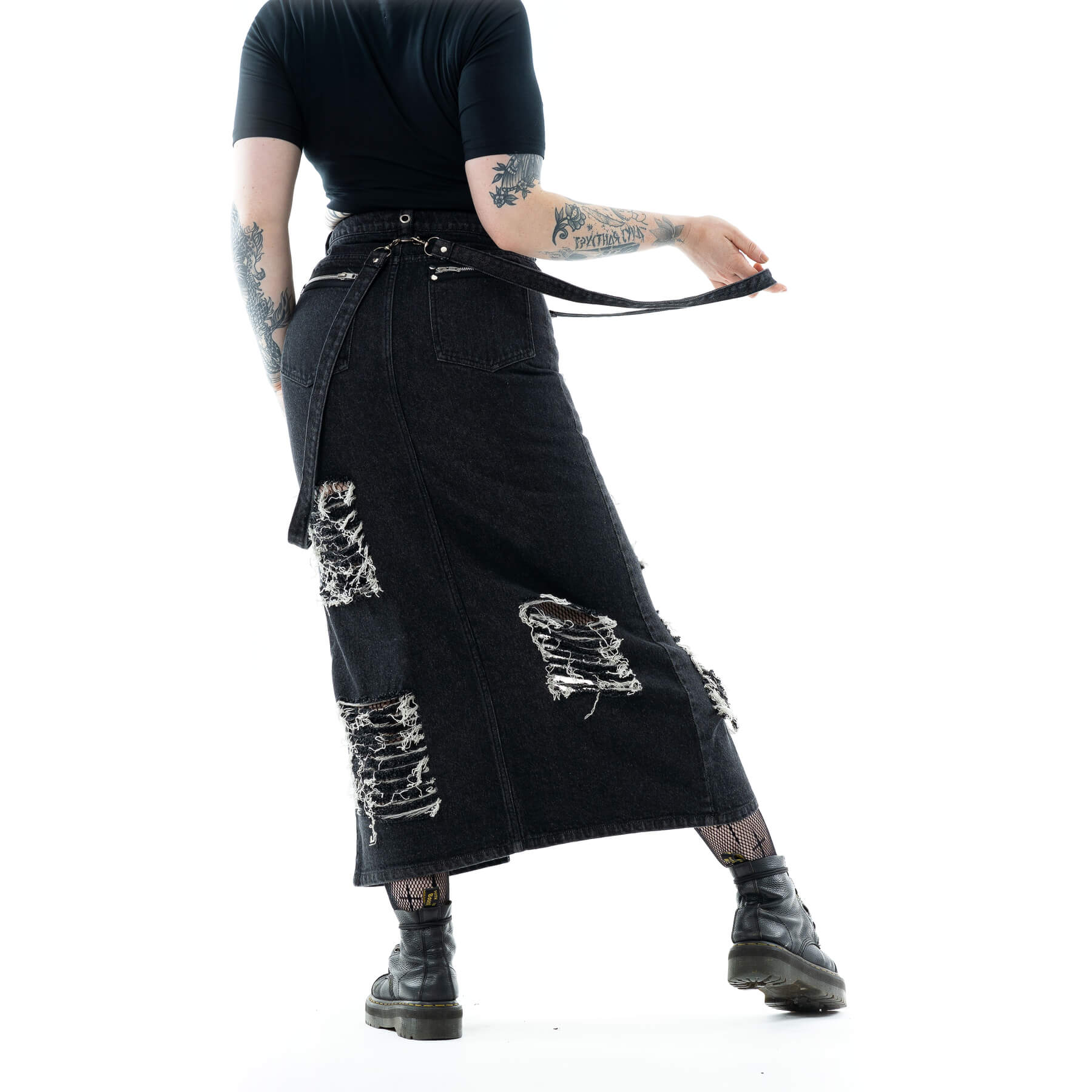 Vixxsin Runa Distressed Denim Maxi Skirt - Black Stonewash