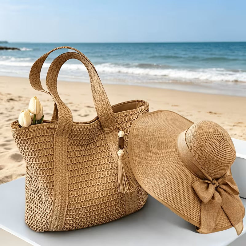 2pcs/Set Raffia Beach Bag & Straw Hat - Fashion Woven Straw Hat Beach Bag Set