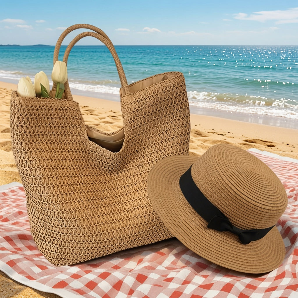 2pcs/Set Travel Raffia Tote Bag & Straw Hat - Fashion Woven Straw Hat Beach Bag Set