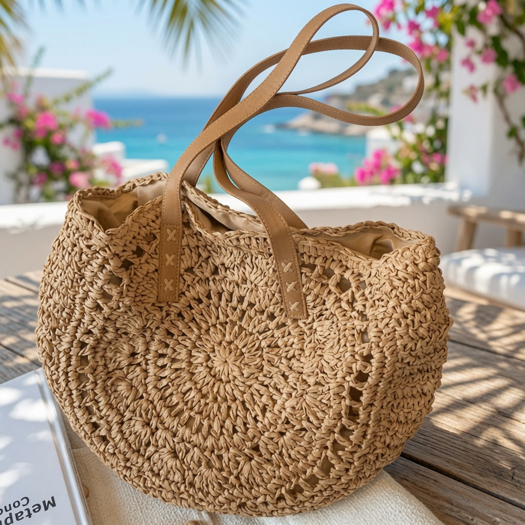 Classic Woven Round Raffia Tote Bag