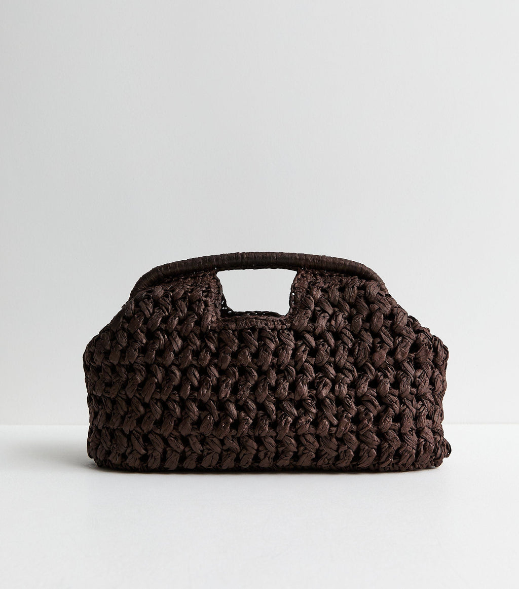 Dark Brown Woven Slouch Grab Raffia Clutch