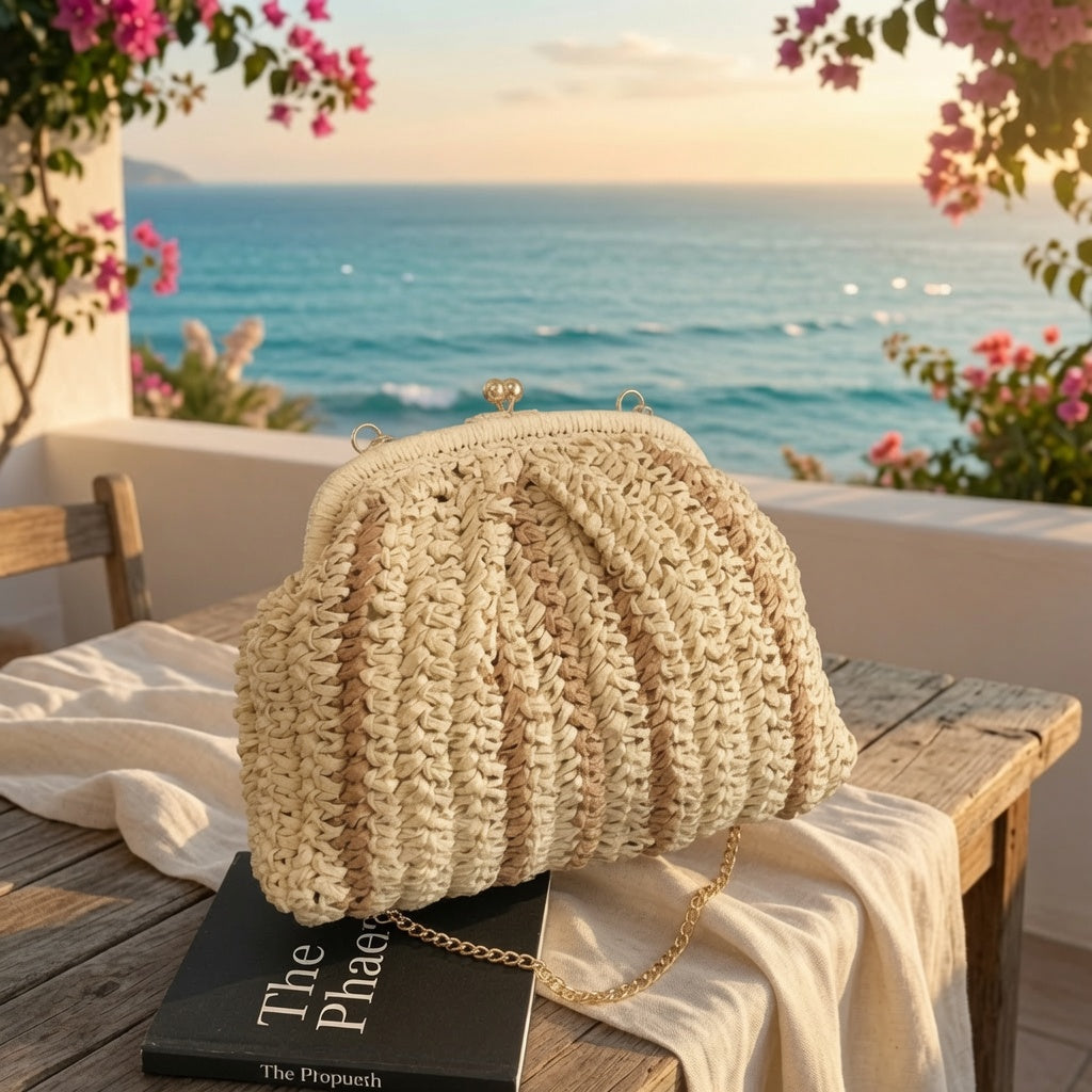 Natural Raffia Shell Clutch Bag
