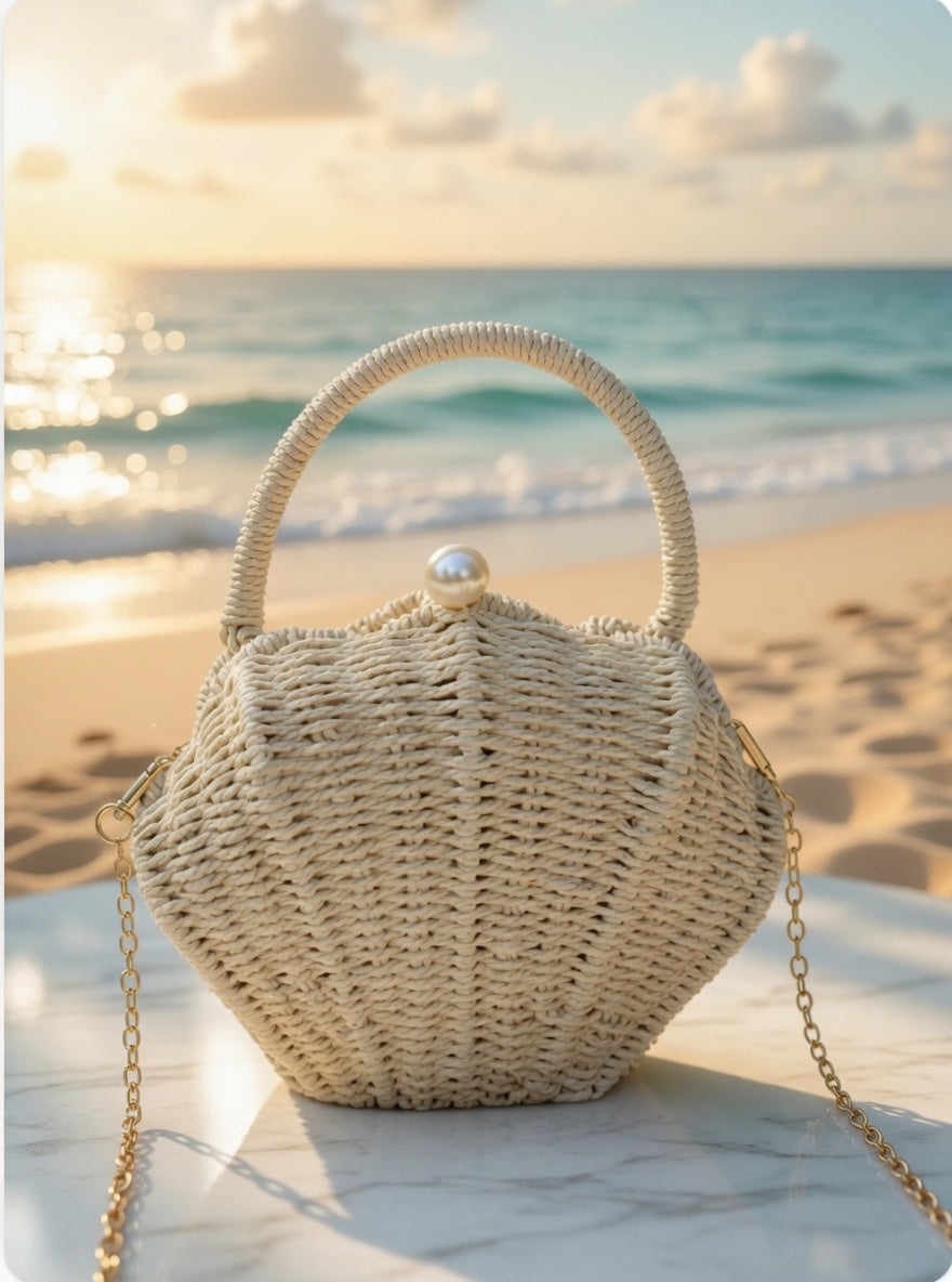 Shell Shape Raffia Clutch Woven Crossbody Shoulder Bag with Peal