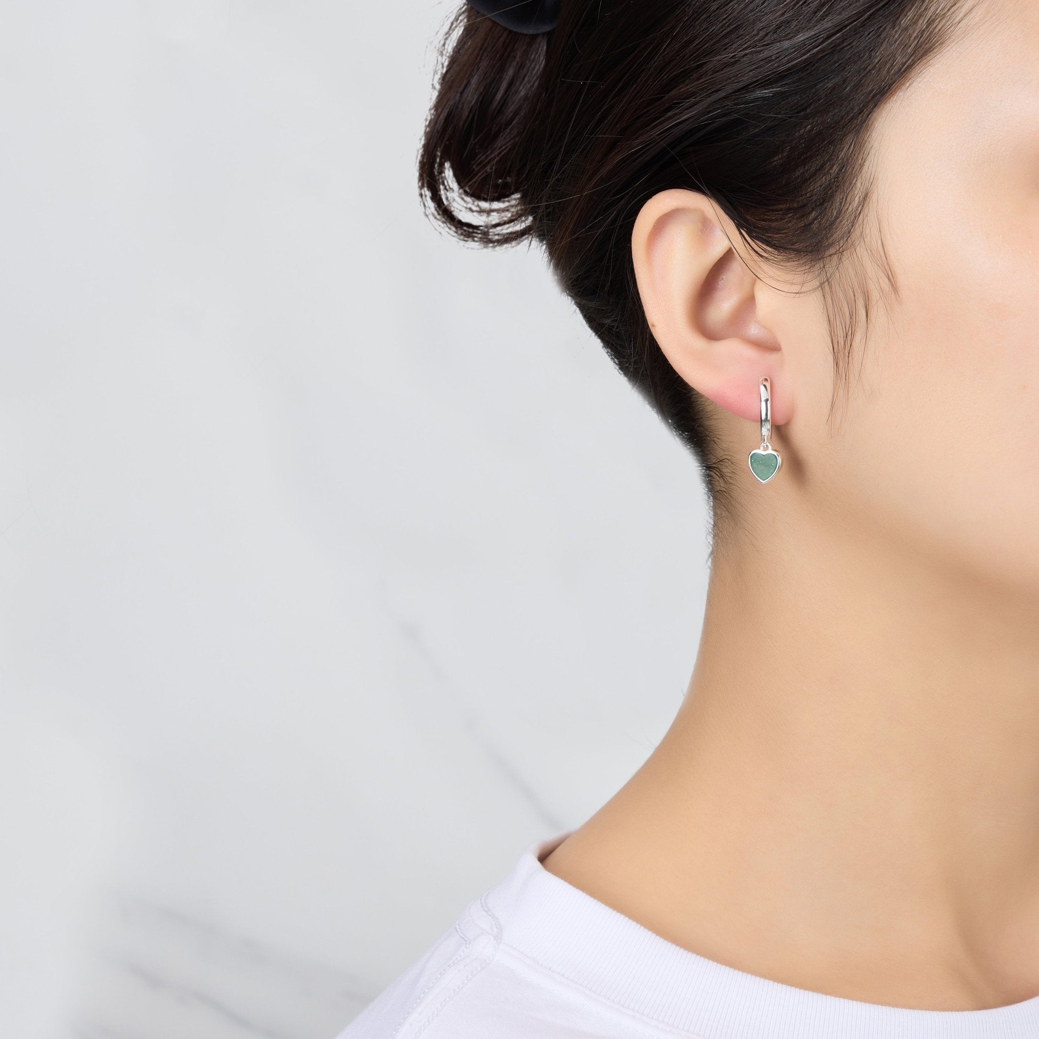 Green Aventurine Gemstone Heart Charm Hoop Earrings with Quote Card