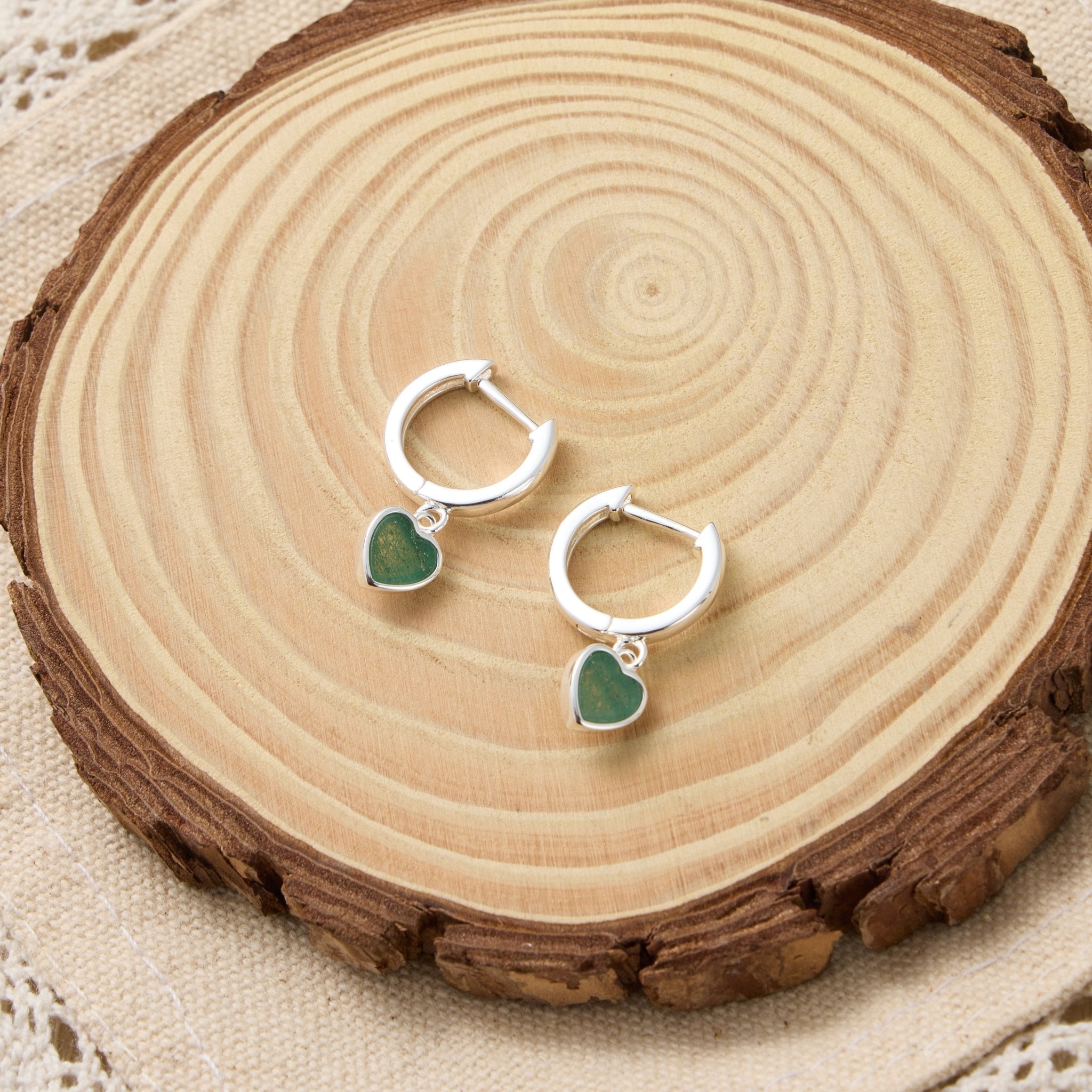 Green Aventurine Gemstone Heart Charm Hoop Earrings with Quote Card