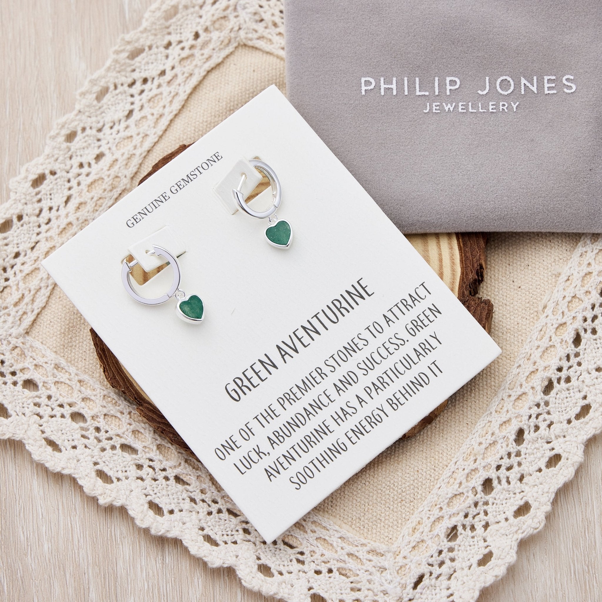 Green Aventurine Gemstone Heart Charm Hoop Earrings with Quote Card