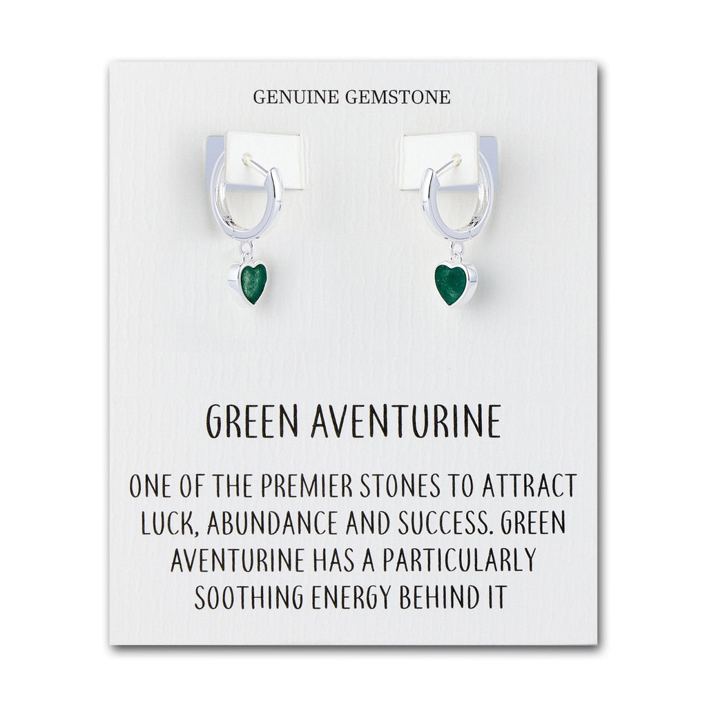 Green Aventurine Gemstone Heart Charm Hoop Earrings with Quote Card