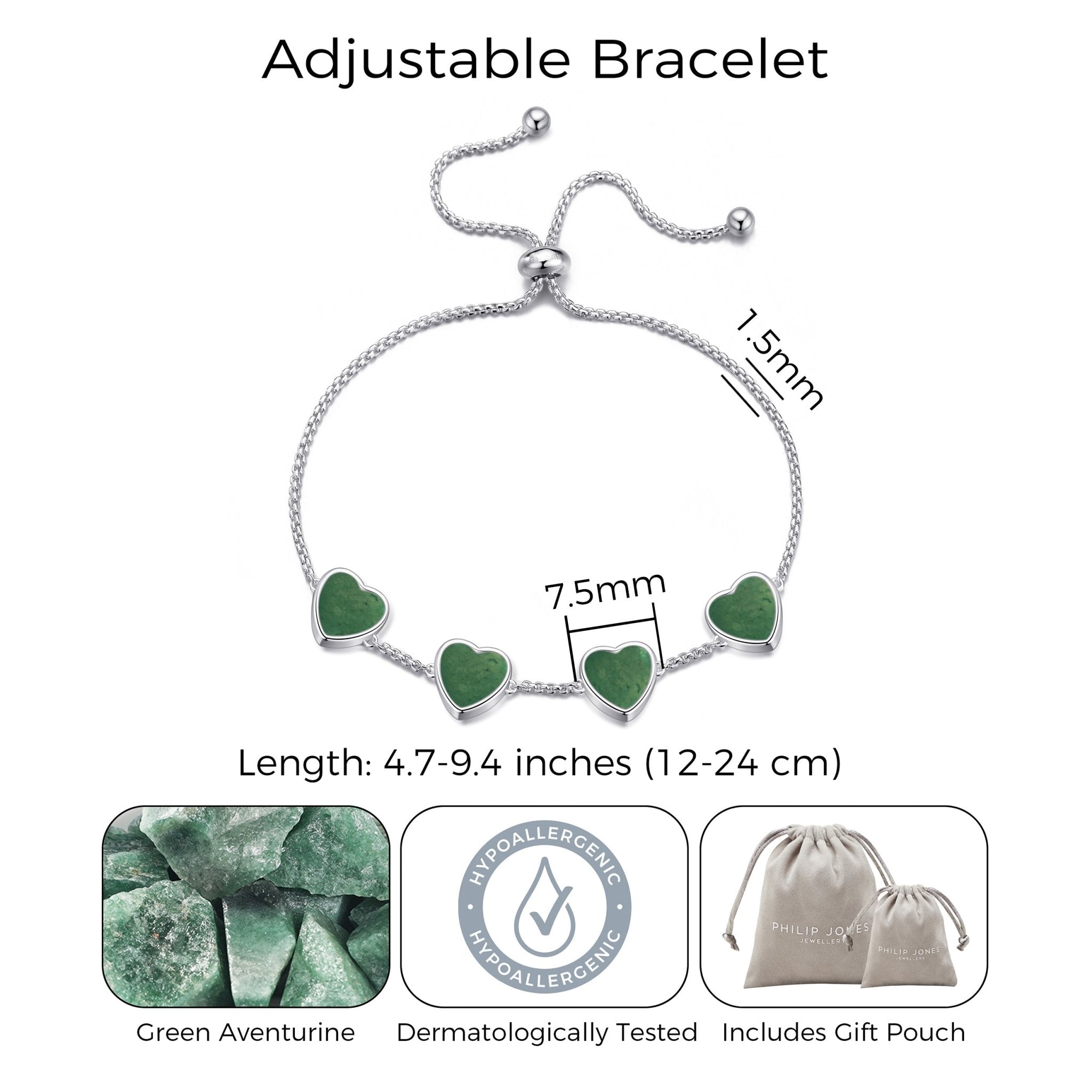 Green Aventurine Gemstone Multi Heart Friendship Slider Bracelet