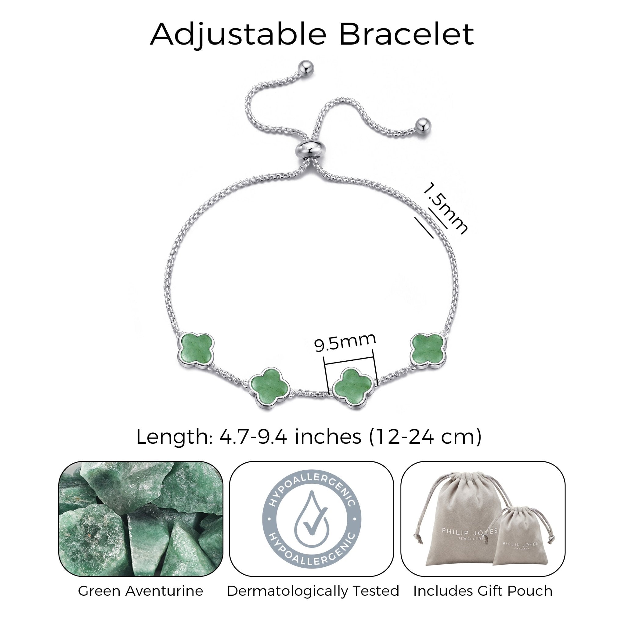 Green Aventurine Multi Clover Friendship Slider Bracelet