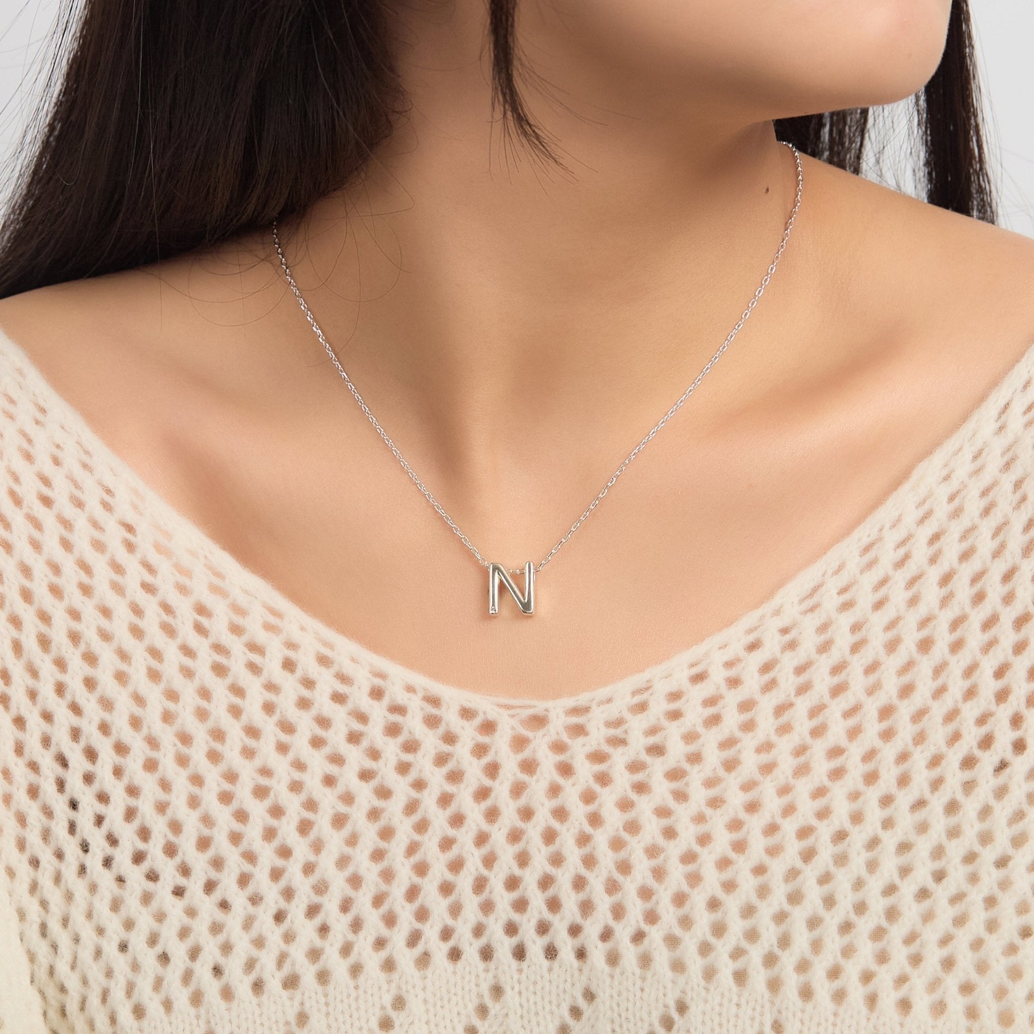 Initial Necklace Letter N Created with Zircondia® Crystals