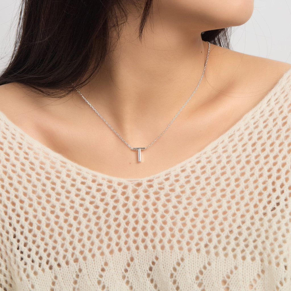 Initial Necklace Letter T Created with Zircondia® Crystals