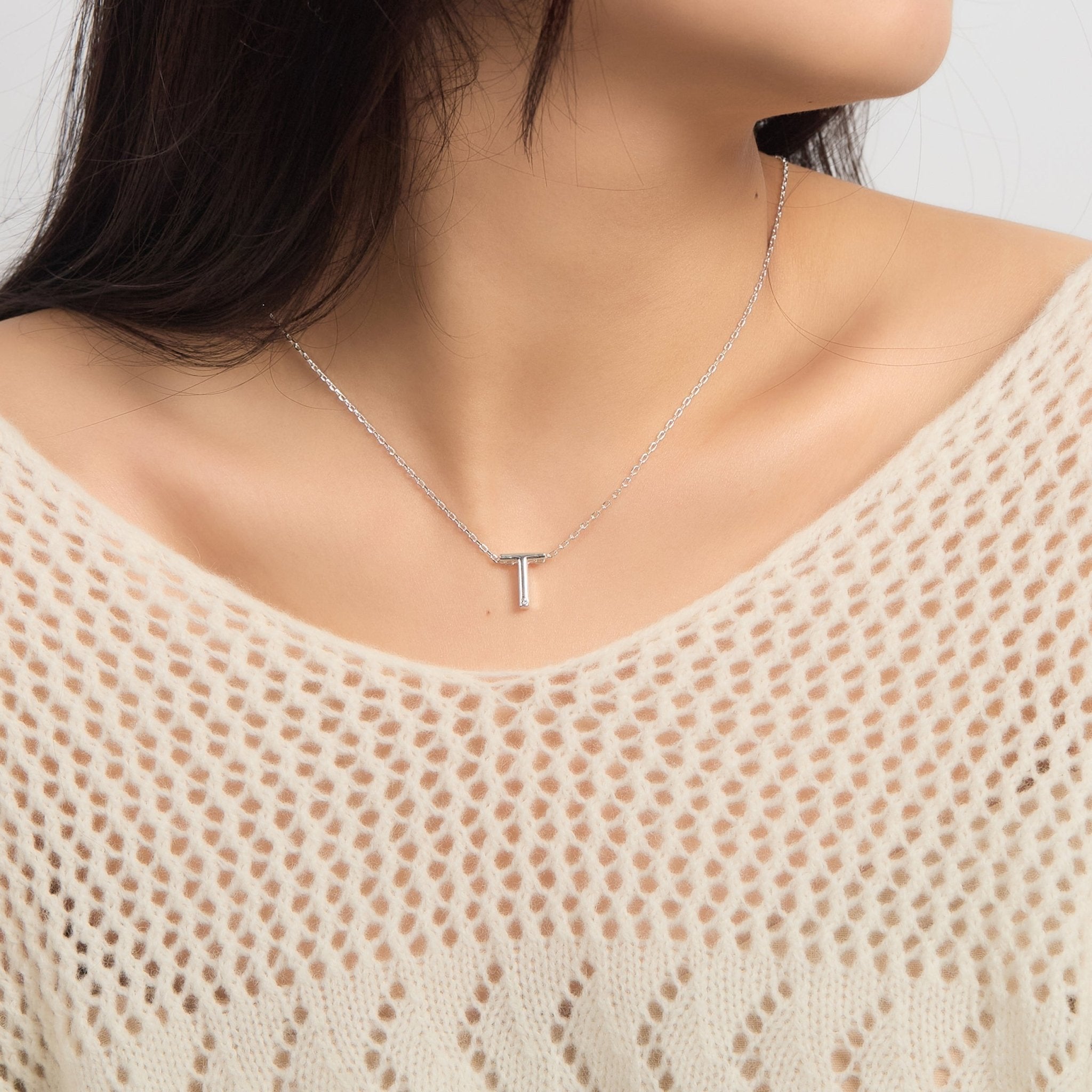 Initial Necklace Letter T Created with Zircondia® Crystals