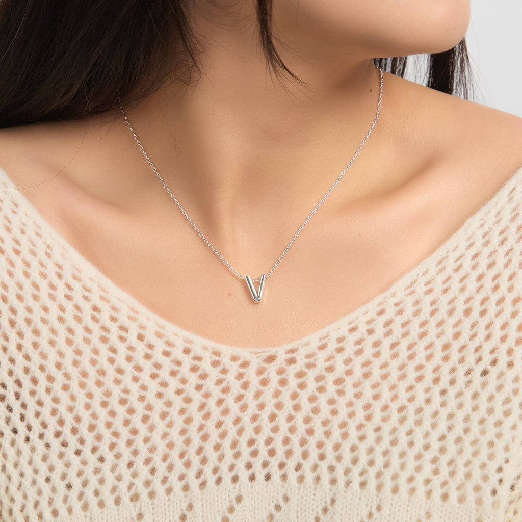 Initial Necklace Letter V Created with Zircondia® Crystals