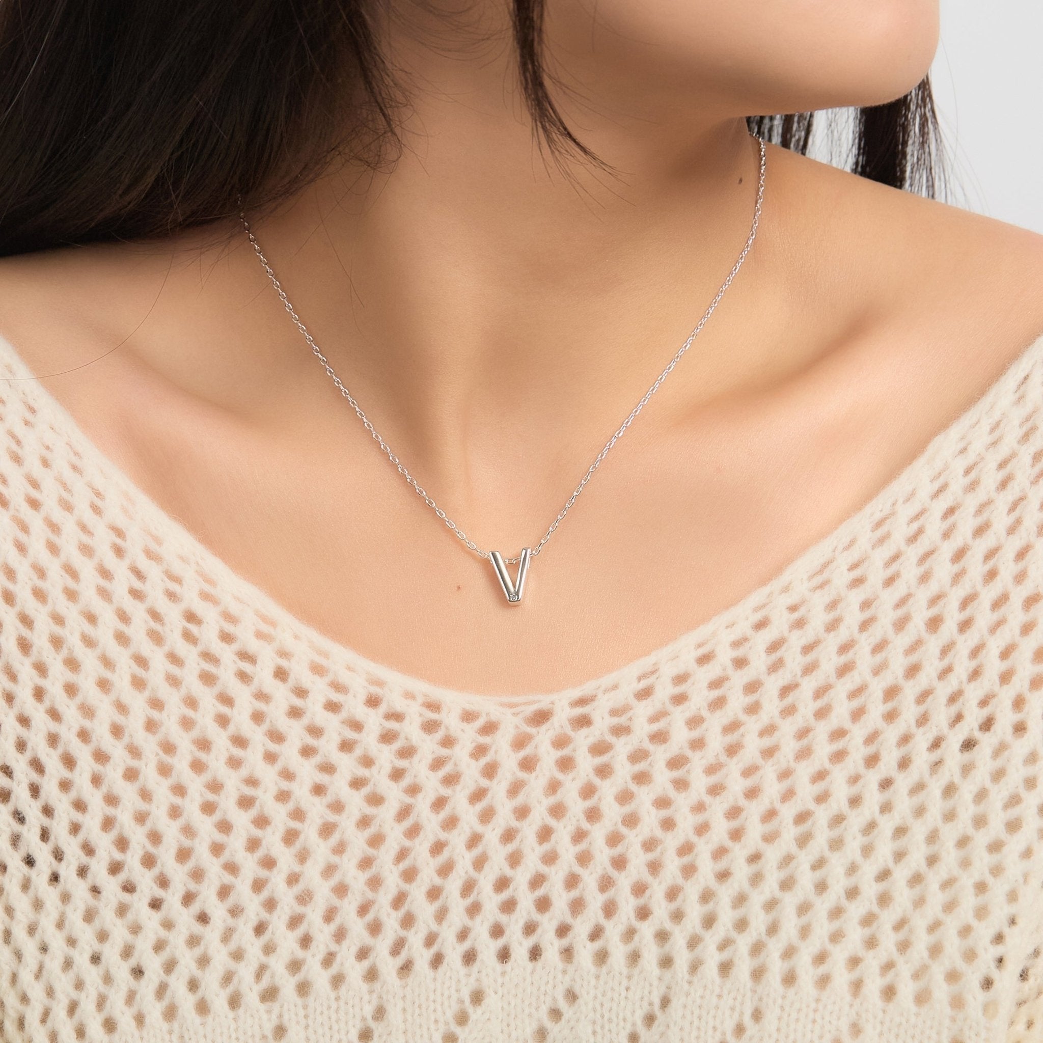 Initial Necklace Letter V Created with Zircondia® Crystals