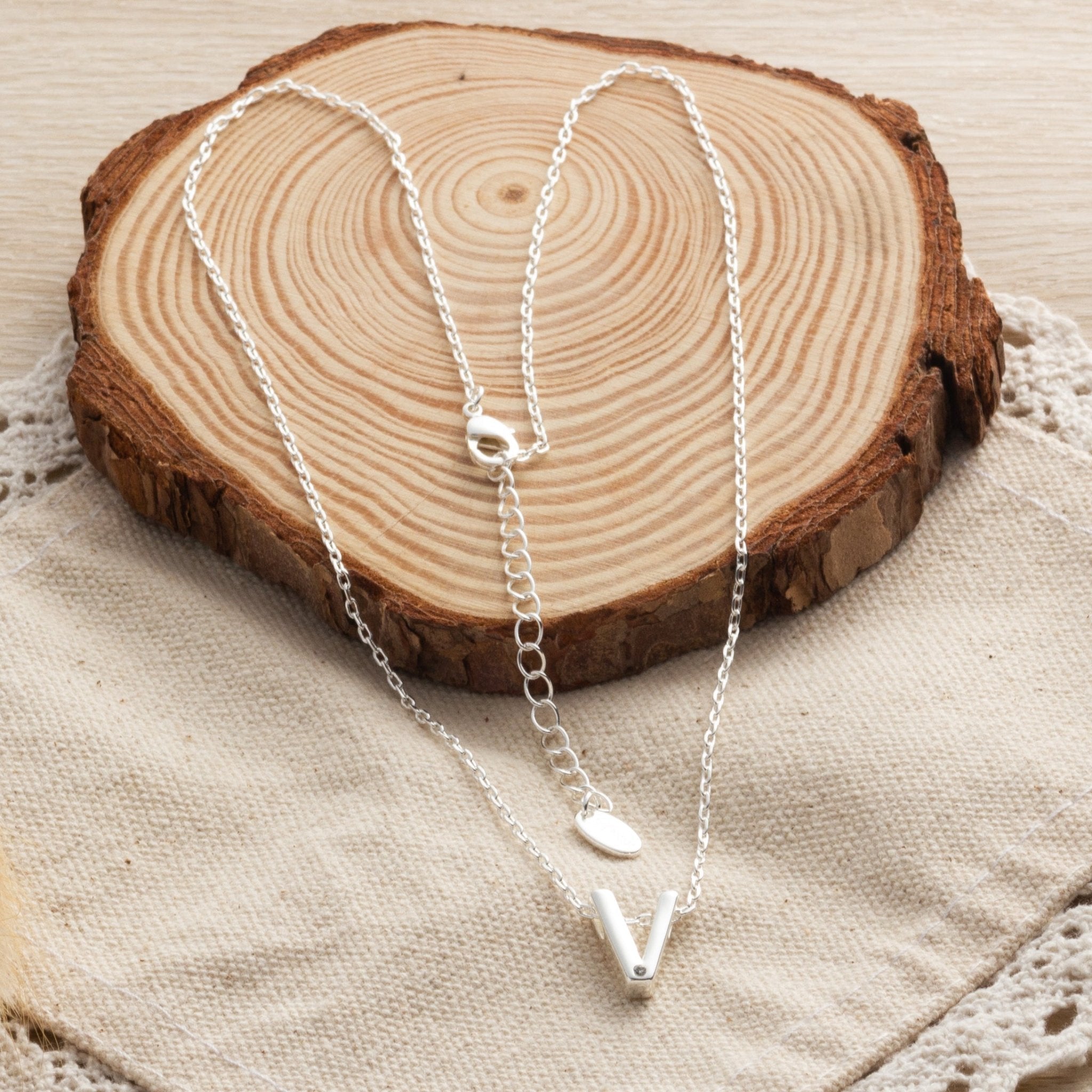 Initial Necklace Letter V Created with Zircondia® Crystals