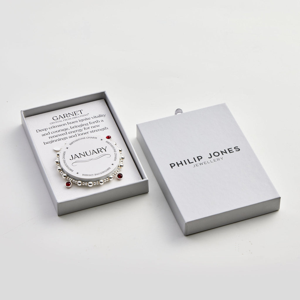 January (Garnet) Birthstone Stretch Charm Bracelet with Quote Gift Box