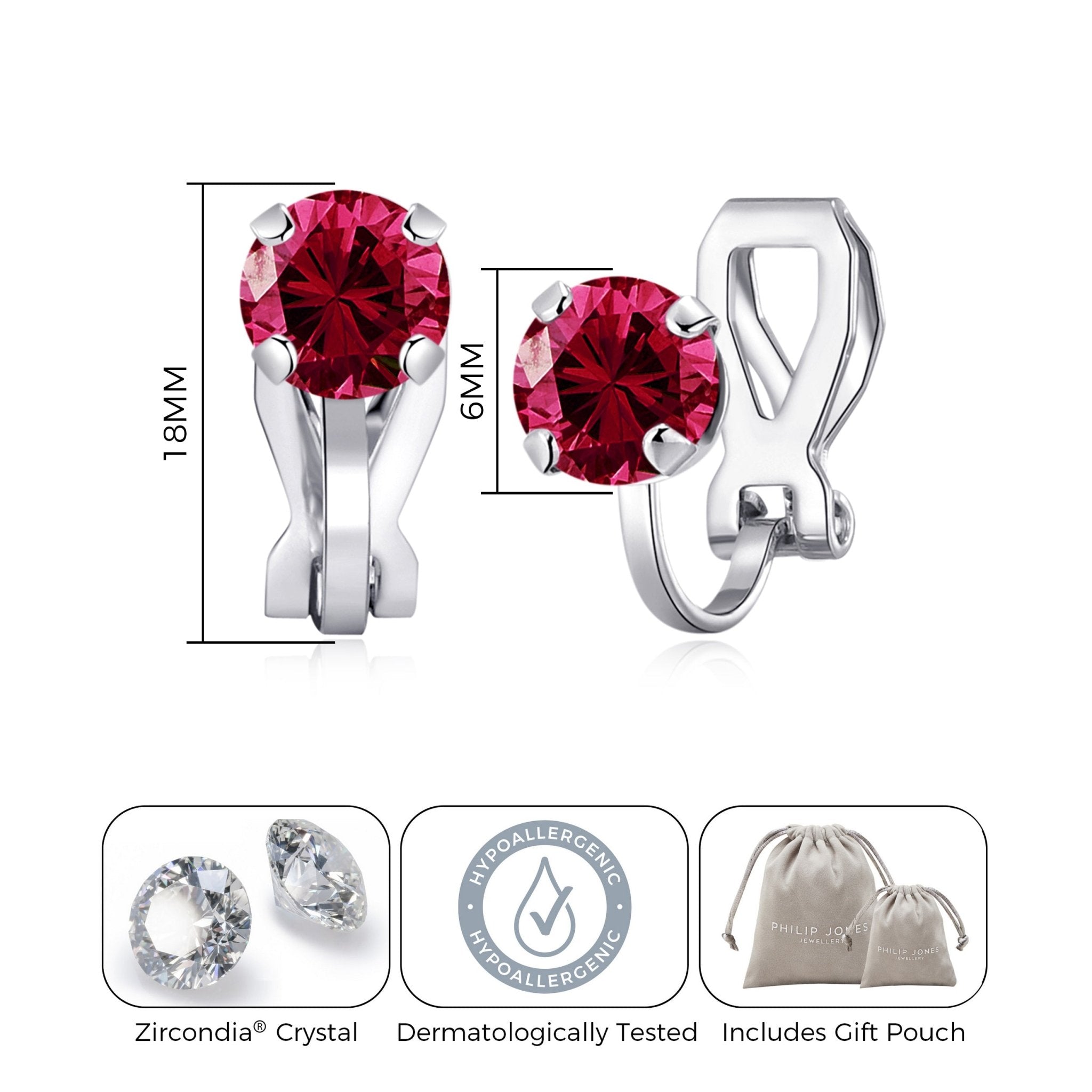 July (Ruby) Birthstone Clip On Earrings Created with Zircondia® Crystals