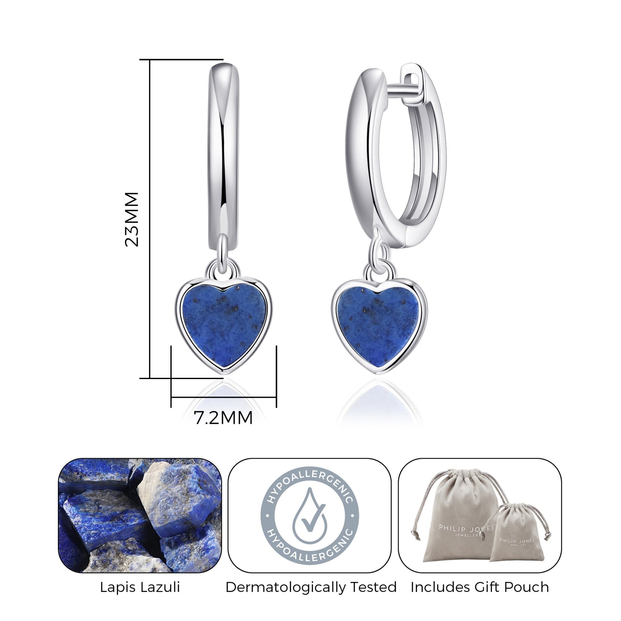 Lapis Gemstone Heart Charm Hoop Earrings with Quote Card