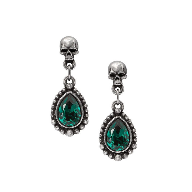 Skull Earrings Green Crystal Dangle Alchemy Gothic
