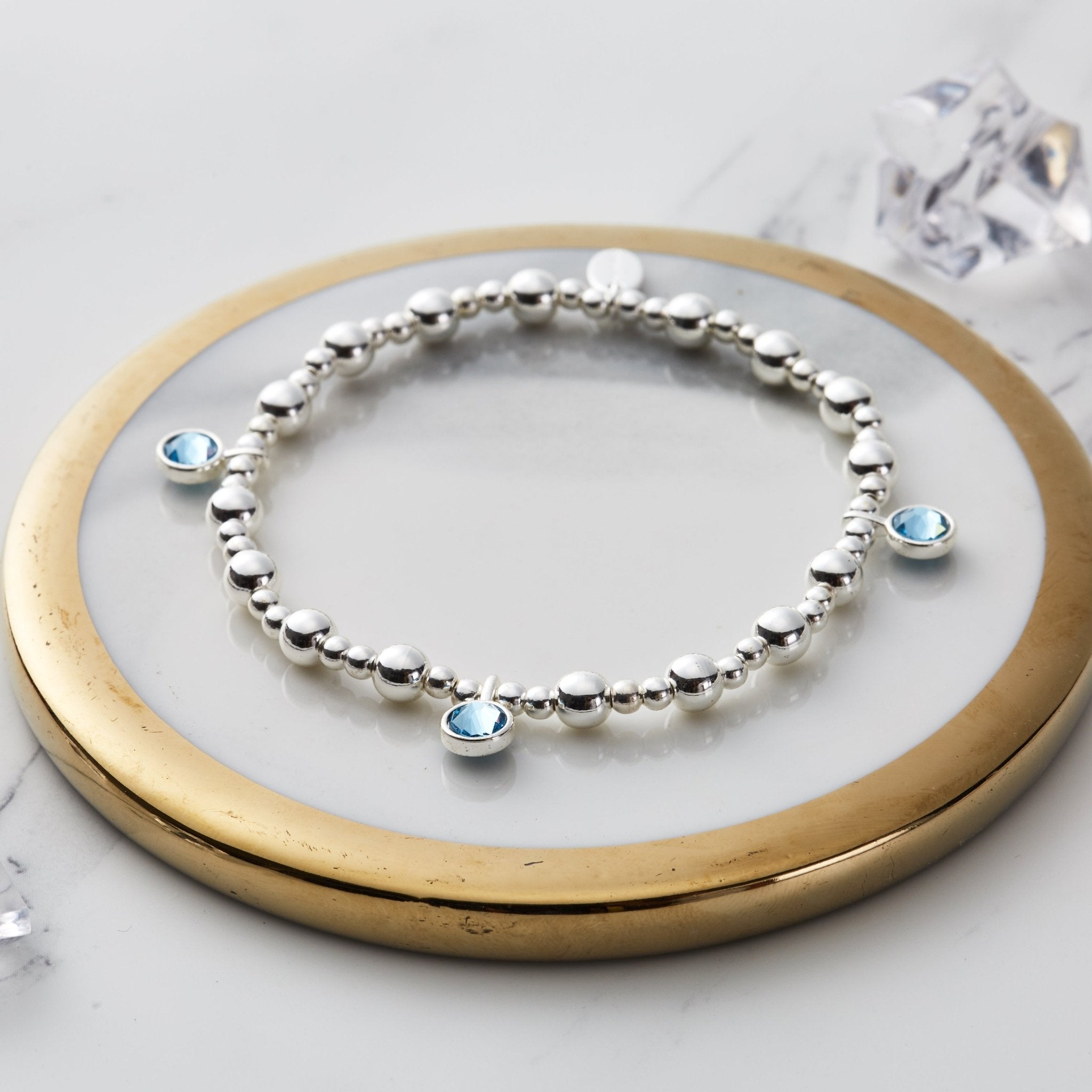 March (Aquamarine) Birthstone Stretch Charm Bracelet with Quote Gift Box
