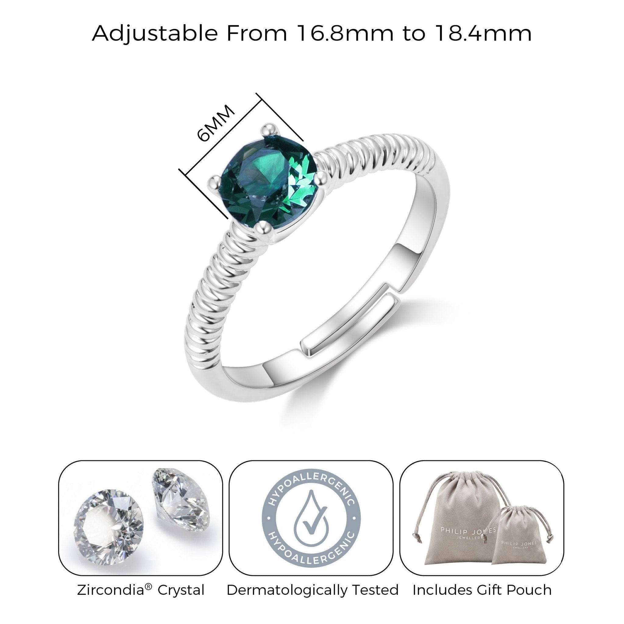 May (Emerald) Adjustable Birthstone Ring Created with Zircondia® Crystals