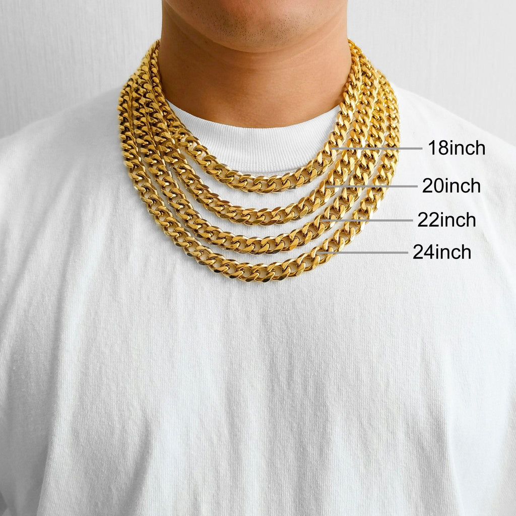 Men's 12mm 18k Gold Plated Steel 18-24 Inch Cuban Curb Chain Necklace