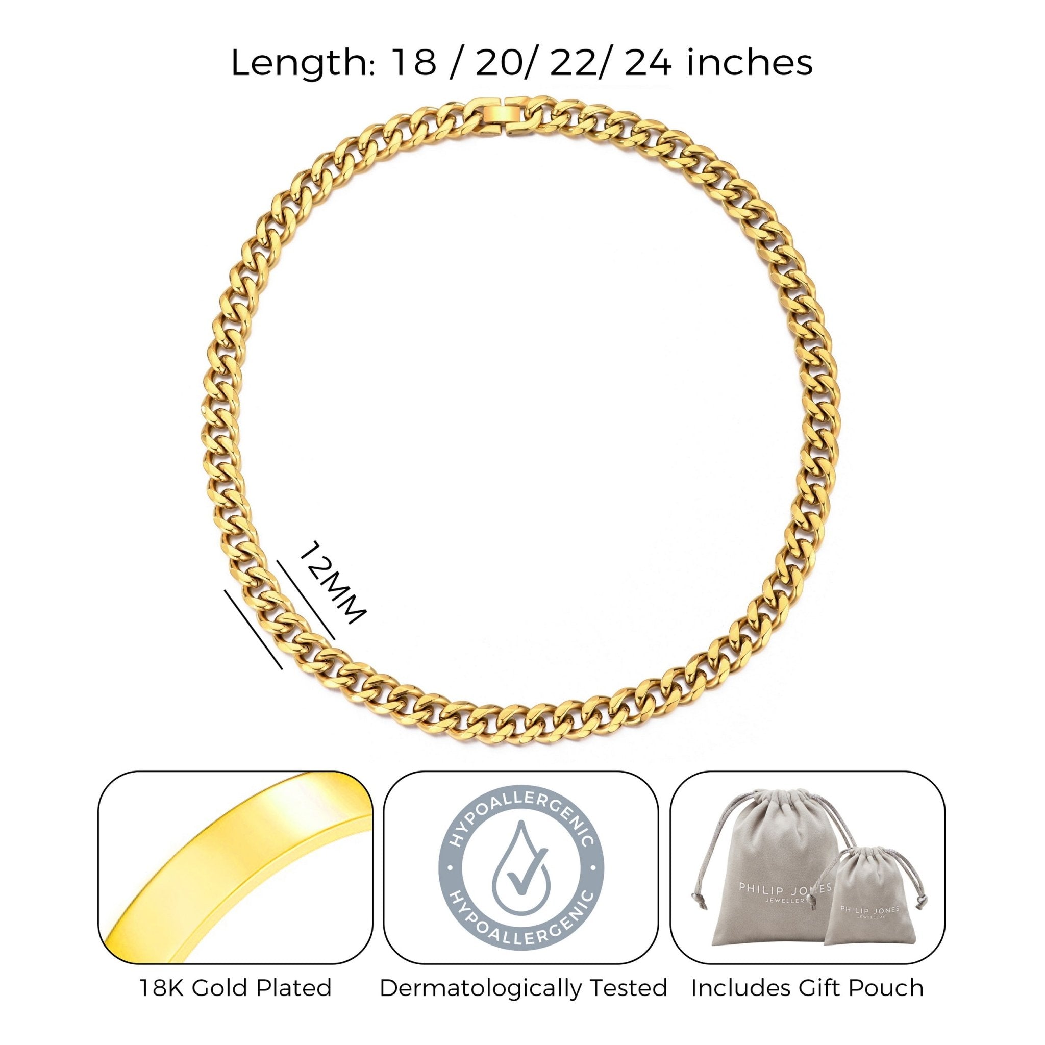 Men's 12mm 18k Gold Plated Steel 18-24 Inch Cuban Curb Chain Necklace