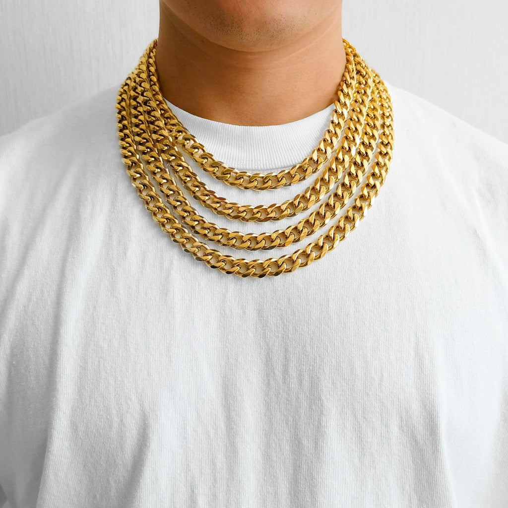 Men's 12mm 18k Gold Plated Steel 18-24 Inch Cuban Curb Chain Necklace