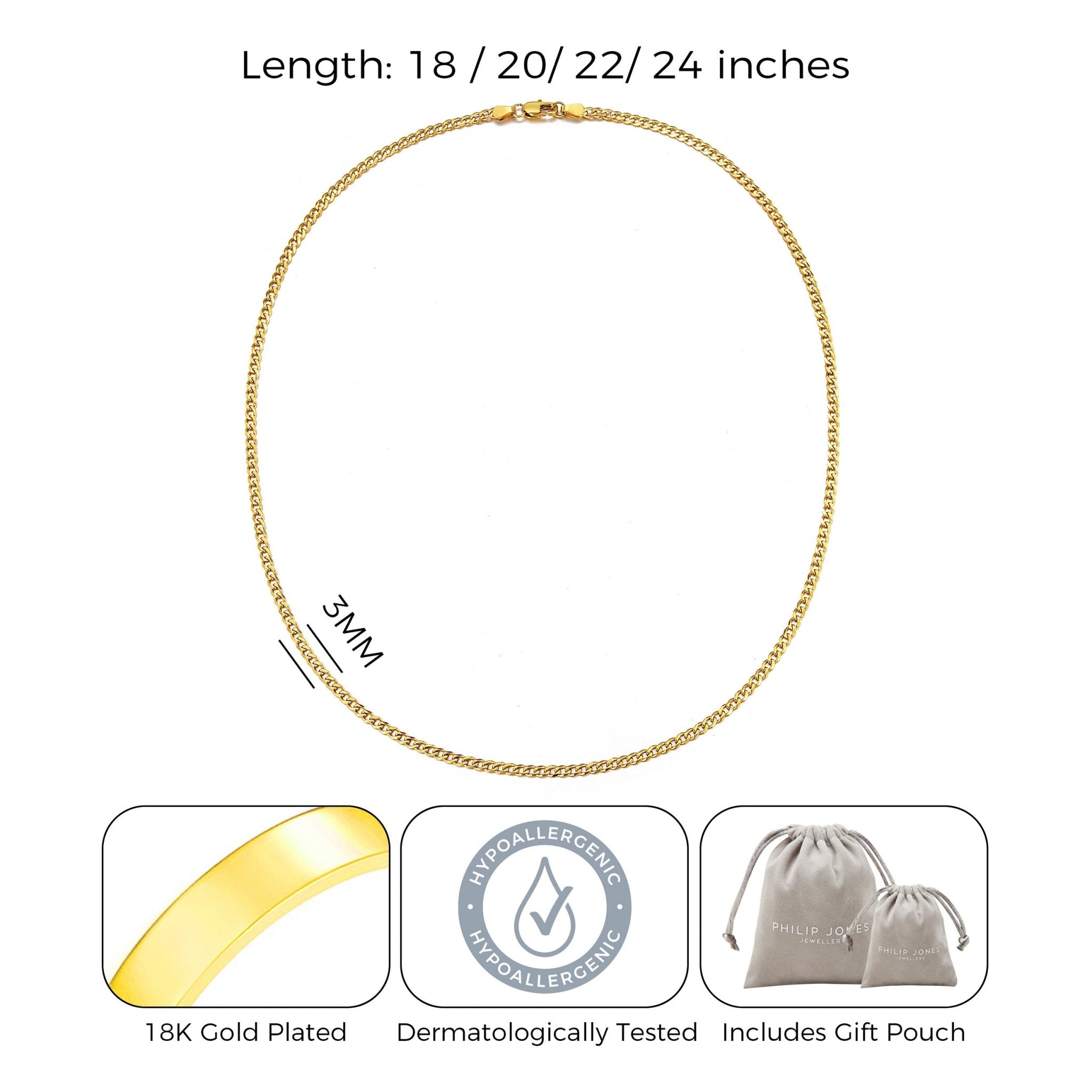 Men's 3mm 18k Gold Plated Steel 18-24 Inch Cuban Curb Chain Necklace