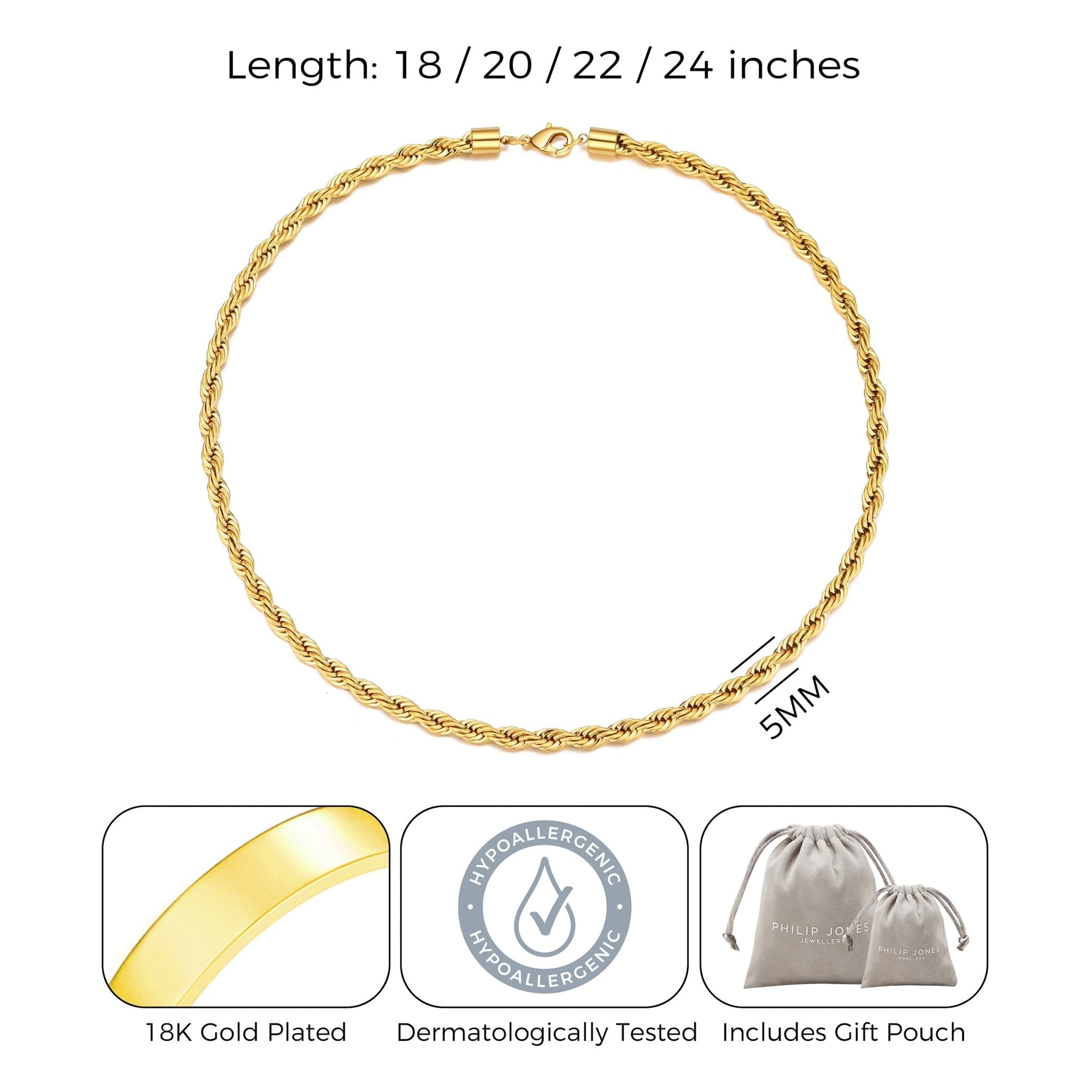 Men's 5mm 18k Gold Plated Steel 18-24 Inch Round Rope Wheat Chain Necklace