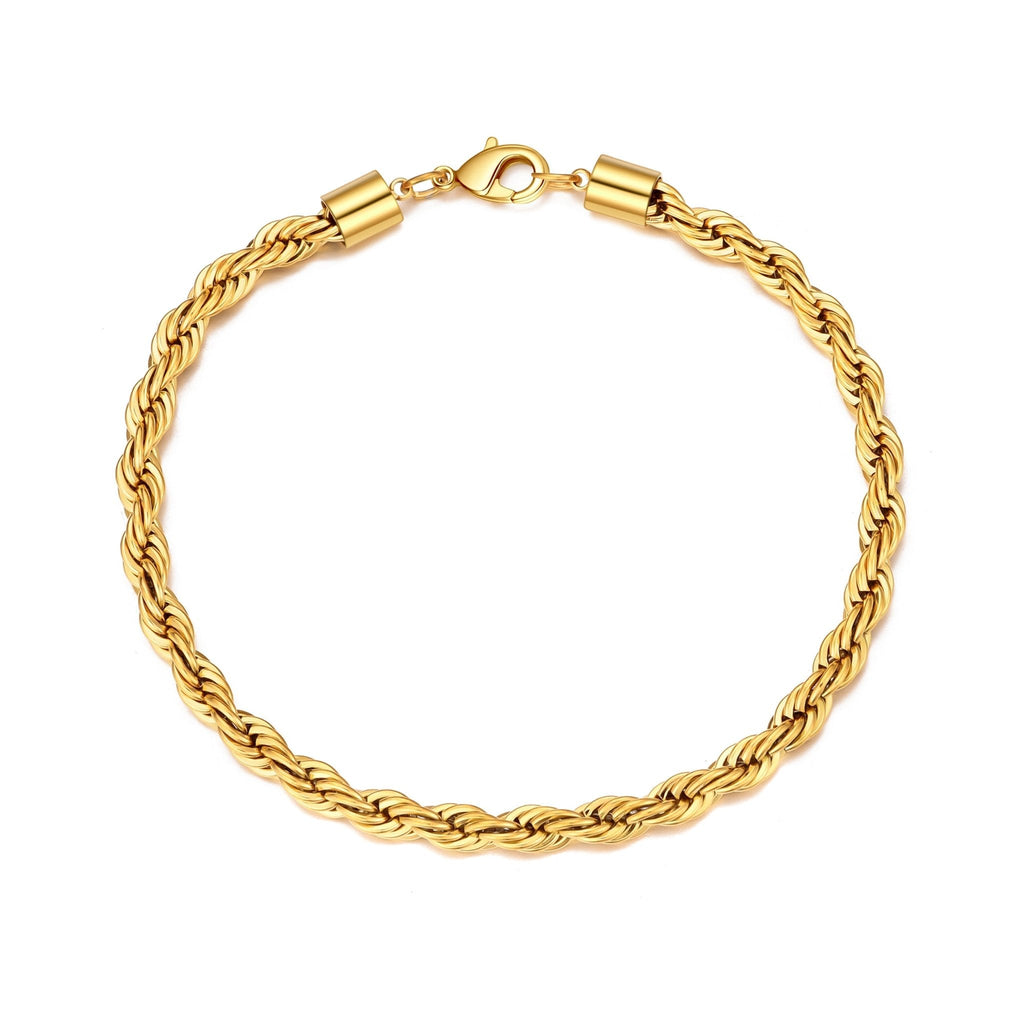 Men's 5mm 18k Gold Plated Steel 7.5-8.5 Inch Round Rope Wheat Chain Bracelet