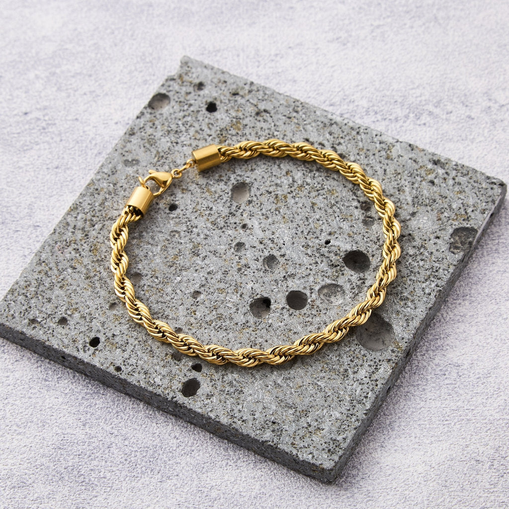 Men's 5mm 18k Gold Plated Steel 7.5-8.5 Inch Round Rope Wheat Chain Bracelet