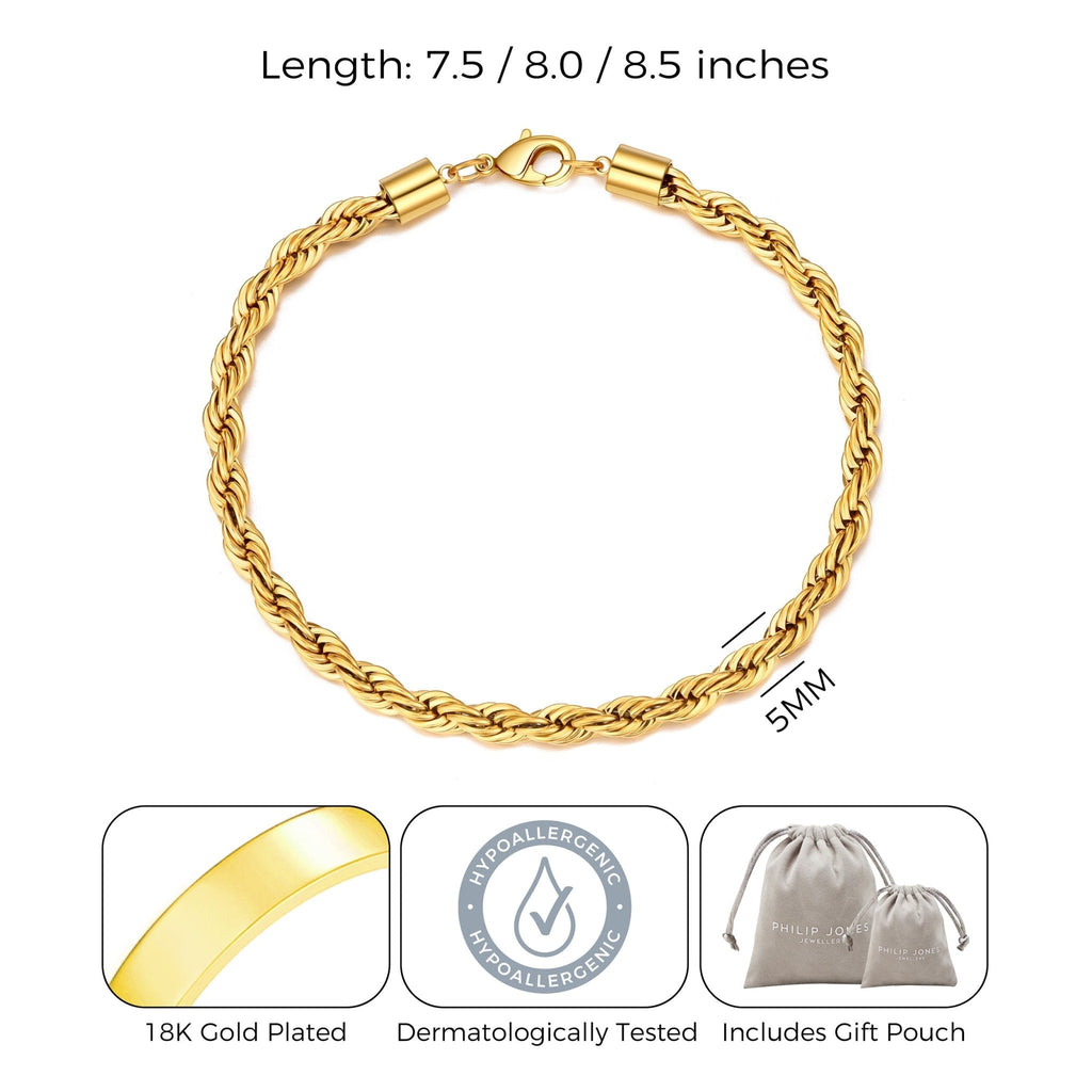 Men's 5mm 18k Gold Plated Steel 7.5-8.5 Inch Round Rope Wheat Chain Bracelet