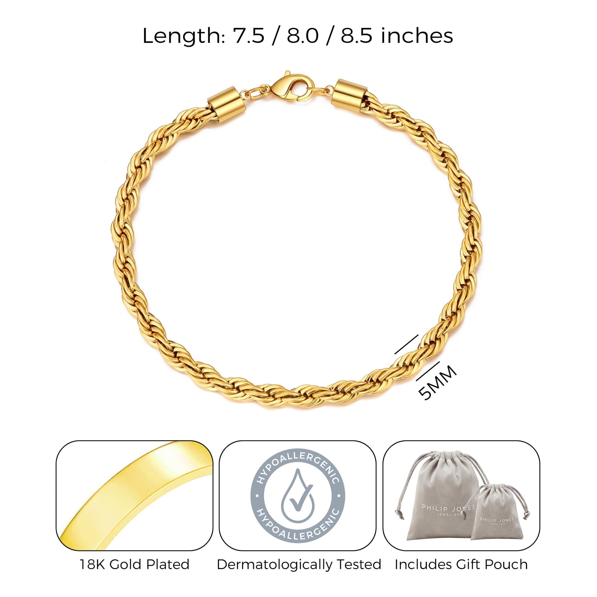 Men's 5mm 18k Gold Plated Steel 7.5-8.5 Inch Round Rope Wheat Chain Bracelet
