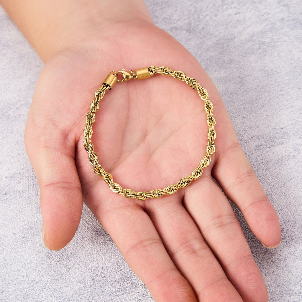 Men's 5mm 18k Gold Plated Steel 7.5-8.5 Inch Round Rope Wheat Chain Bracelet