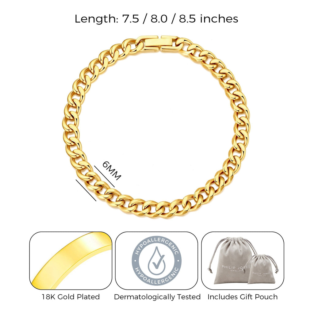 Men's 6mm 18k Gold Plated Stainless Steel 7.5-8.5 Inch Curb Chain Bracelet