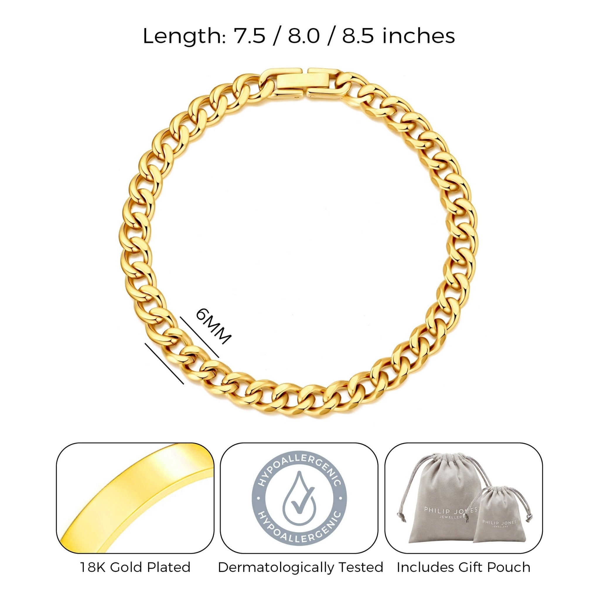 Men's 6mm 18k Gold Plated Stainless Steel 7.5-8.5 Inch Curb Chain Bracelet