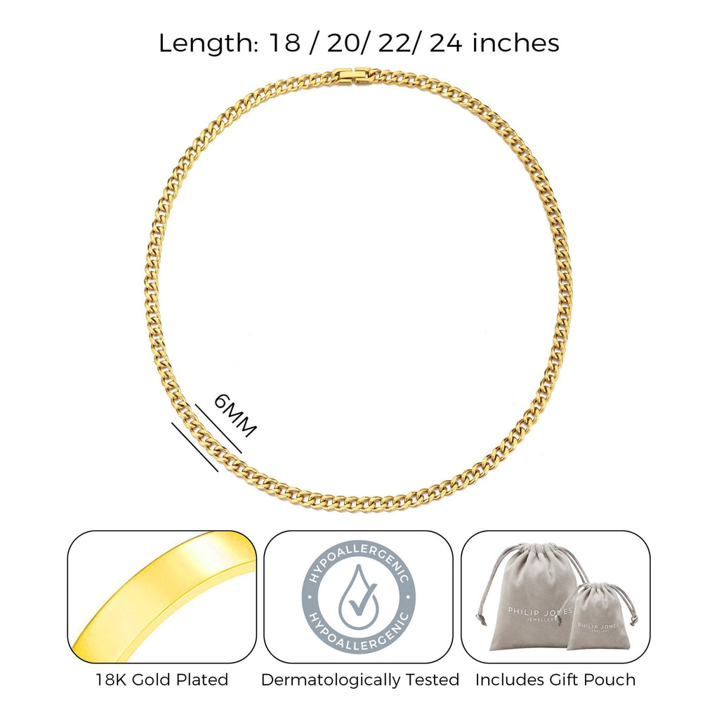 Men's 6mm 18k Gold Plated Steel 18-24 Inch Cuban Curb Chain Necklace
