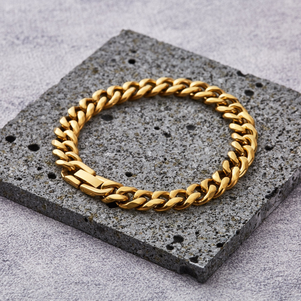 Men's 9mm 18k Gold Plated Stainless Steel 7.5-8.5 Inch Curb Chain Bracelet