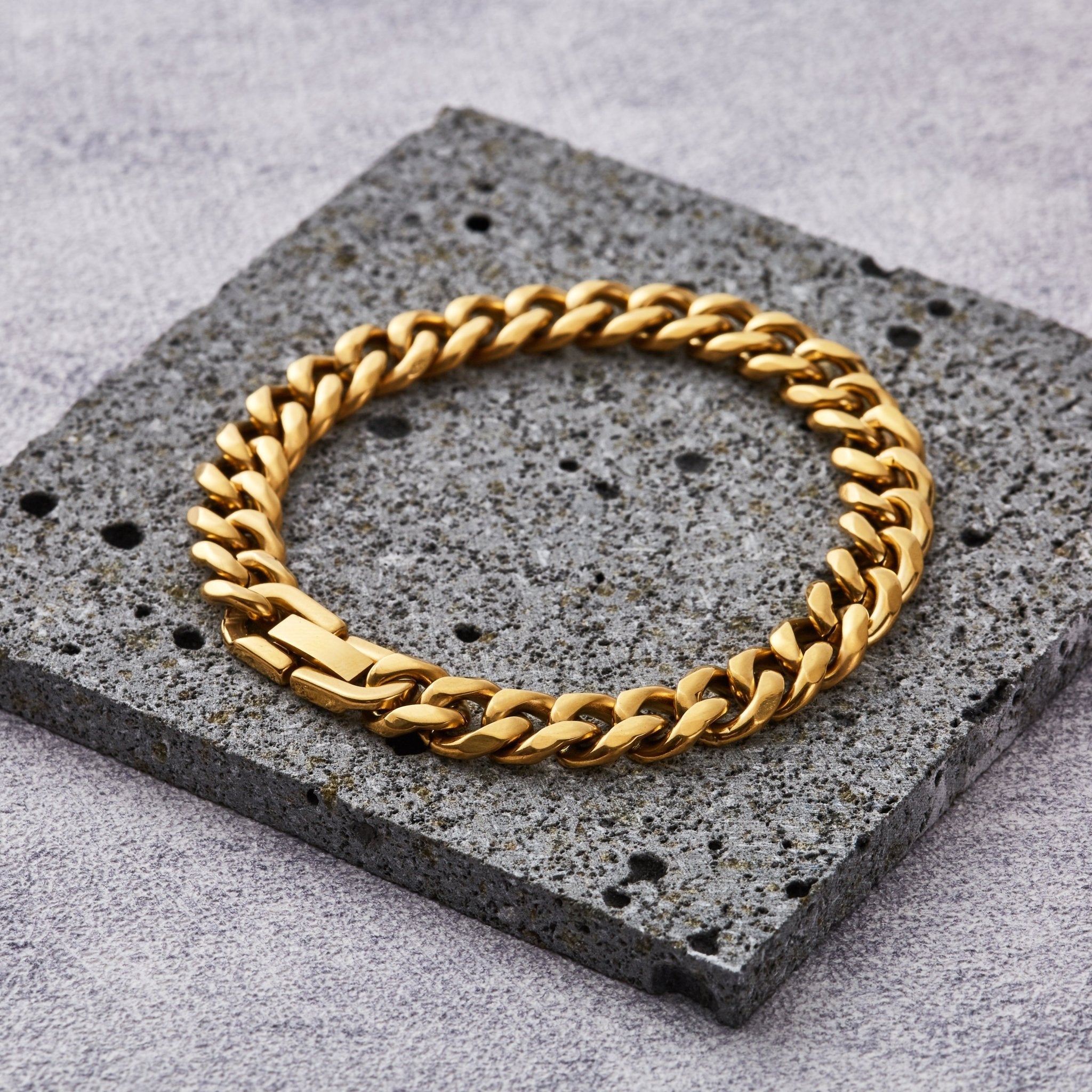 Men's 9mm 18k Gold Plated Stainless Steel 7.5-8.5 Inch Curb Chain Bracelet