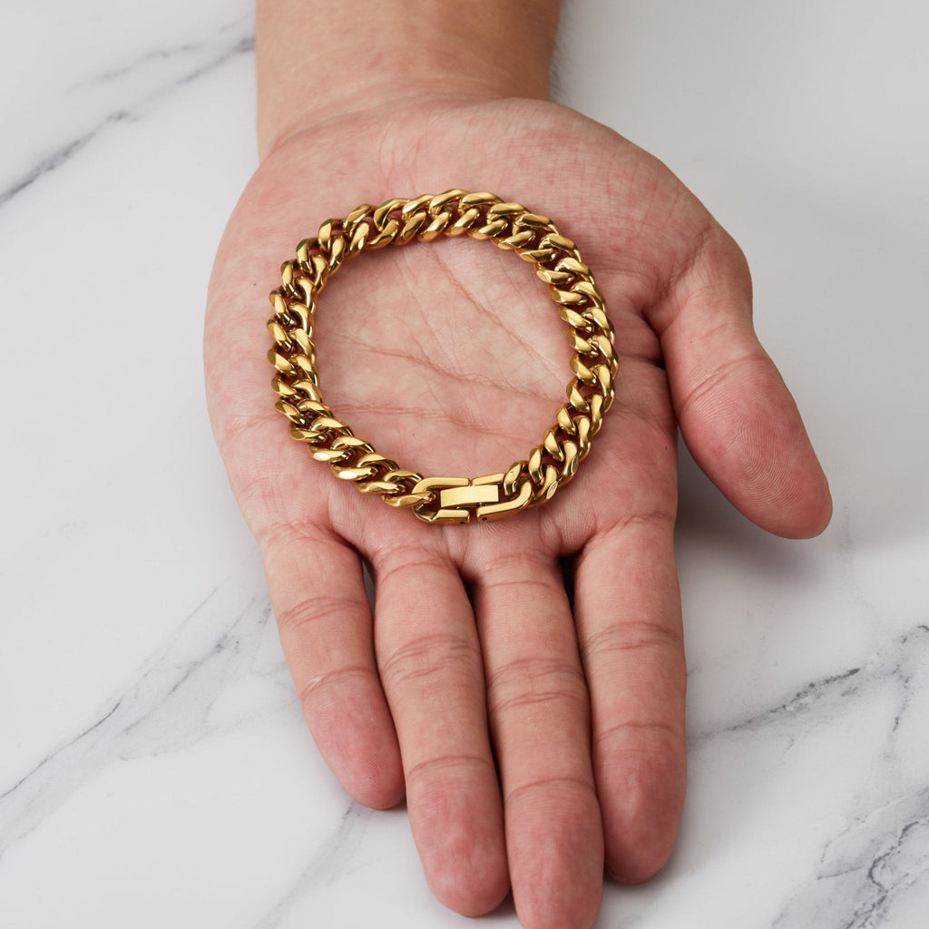Men's 9mm 18k Gold Plated Stainless Steel 7.5-8.5 Inch Curb Chain Bracelet