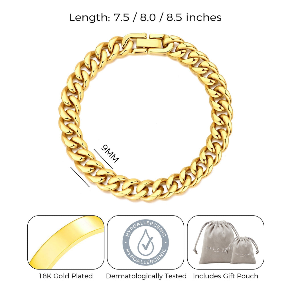 Men's 9mm 18k Gold Plated Stainless Steel 7.5-8.5 Inch Curb Chain Bracelet