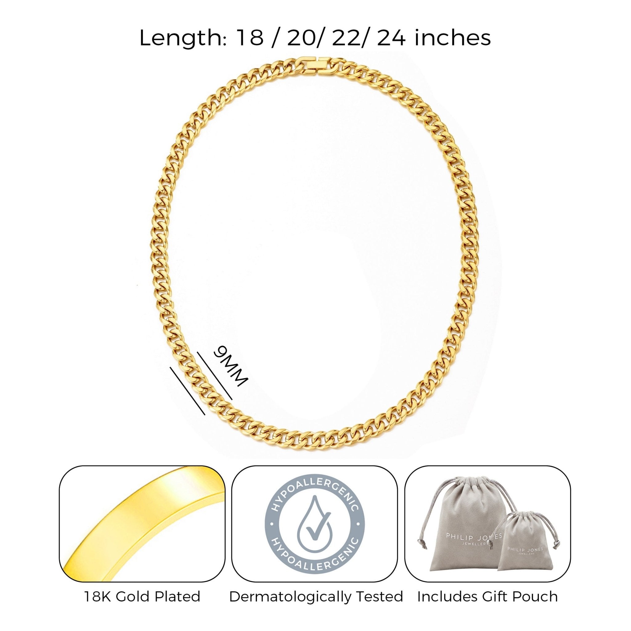Men's 9mm 18k Gold Plated Steel 18-24 Inch Cuban Curb Chain Necklace