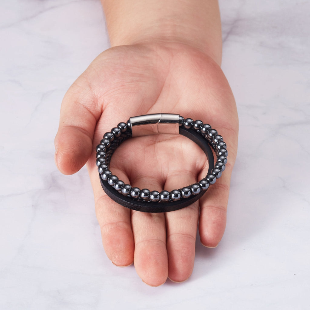 Men's Genuine Leather Hematite Bracelet