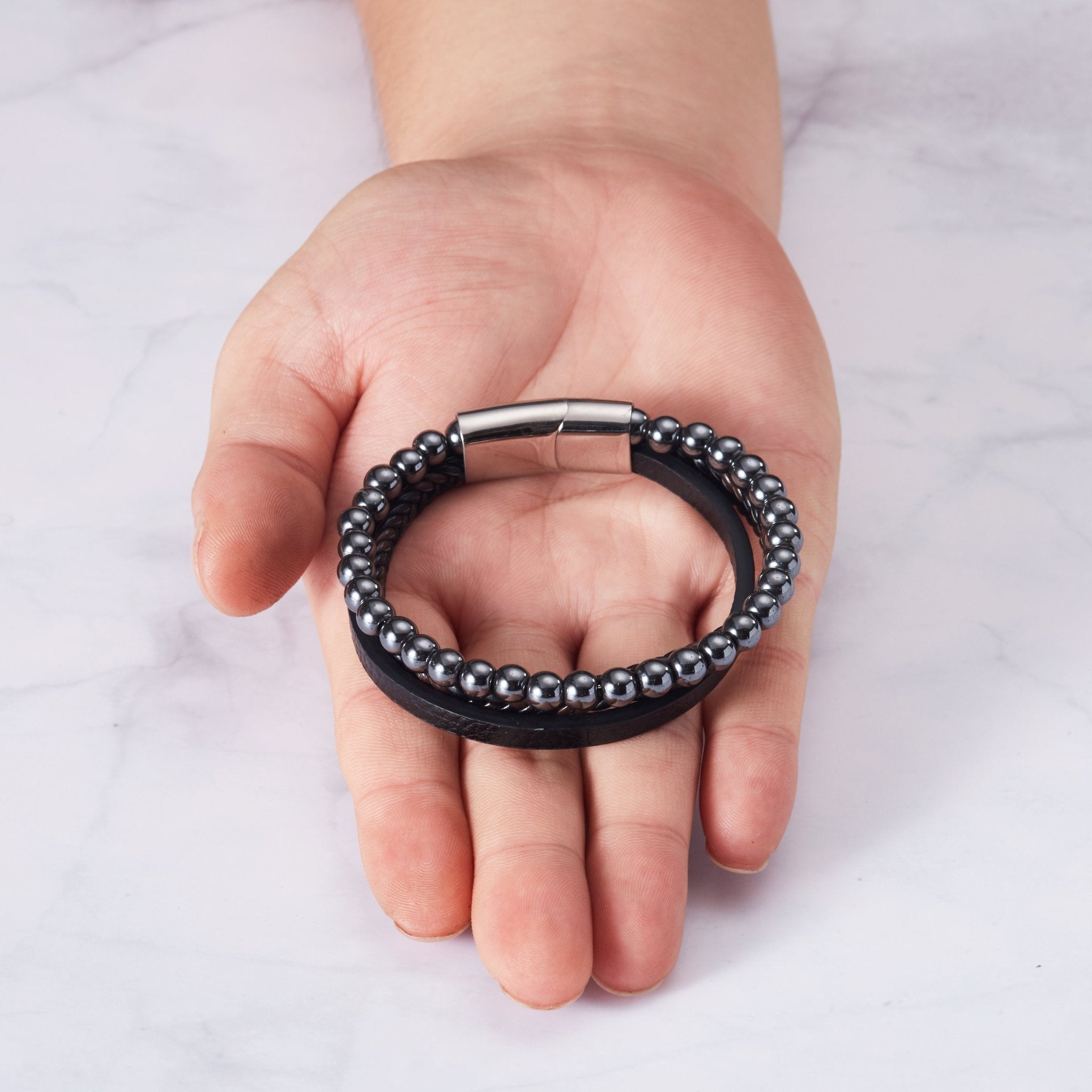Men's Genuine Leather Hematite Bracelet