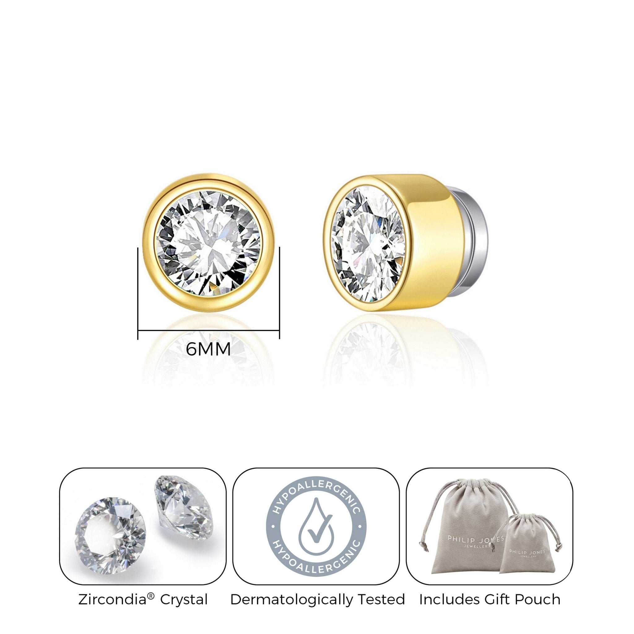 18k Gold Plated 6mm Magnetic Clip On Earrings Created with Zircondia® Crystals