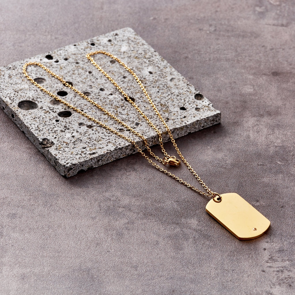 Men's 18k Gold Plated Steel Dog Tag Necklace Created with Zircondia® Crystals