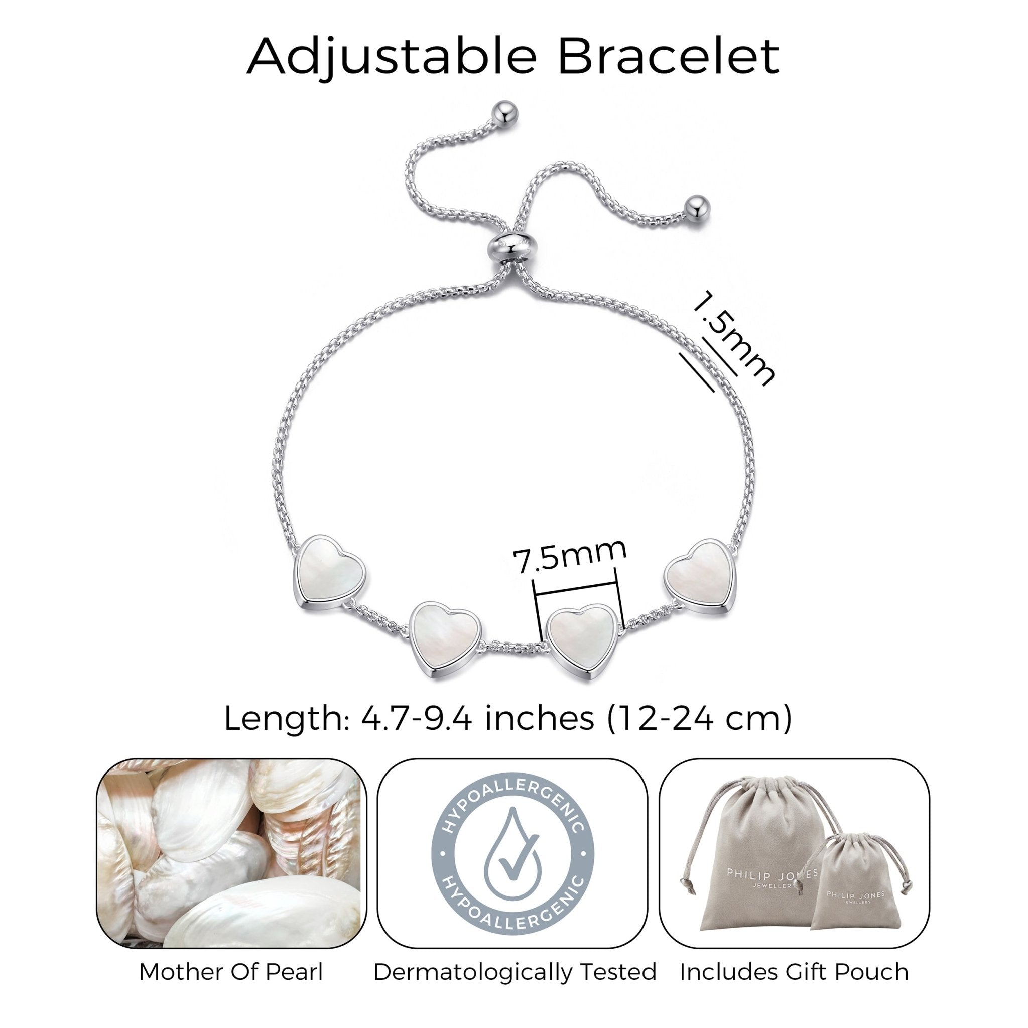 Mother of Pearl Gemstone Multi Heart Friendship Slider Bracelet