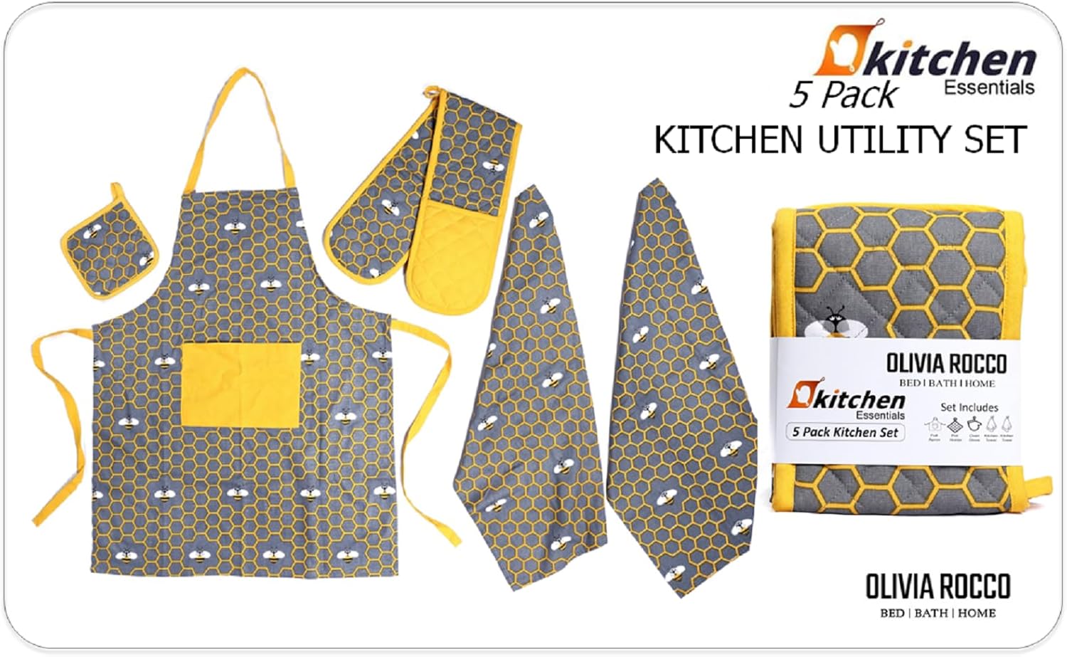 OLIVIA ROCCO Kitchen Sets With Apron Double Oven Gloves Towel Set Oven Mitts Pot Holder