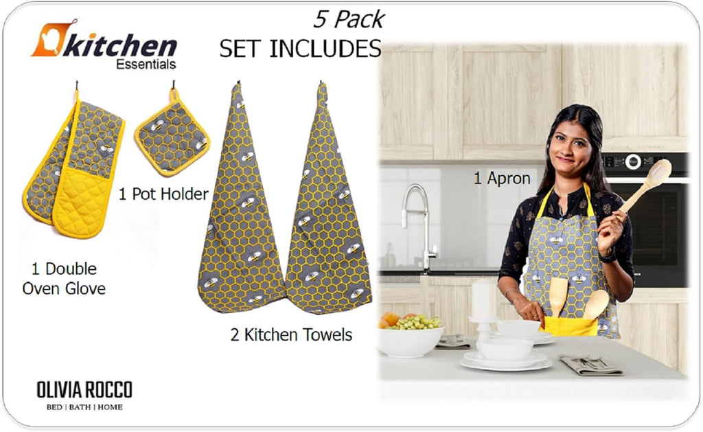 OLIVIA ROCCO Kitchen Sets With Apron Double Oven Gloves Towel Set Oven Mitts Pot Holder
